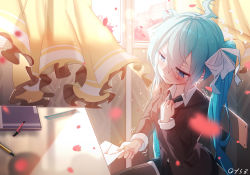 Rule 34 | 1girl, @ @, ahoge, aqua hair, artist name, backlighting, blazer, blue eyes, blush, chair, cherry blossoms, classroom, curtains, desk, hair between eyes, hair ribbon, hand on own chest, hatsune miku, indoors, jacket, letter, long hair, love letter, necktie, notebook, qys3, ribbon, sitting, solo, trembling, twintails, vocaloid, wavy mouth, wind, window