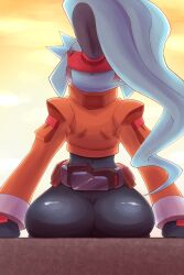 Rule 34 | 1girl, ashe (mega man), ass, ass focus, blue hair, blush, bodysuit, capcom, from behind, gloves, headband, highres, huge ass, impossible clothes, long hair, mega man (series), mega man zx, mega man zx advent, nobuyu (77yusei), ponytail, sitting, skin tight, solo, very long hair