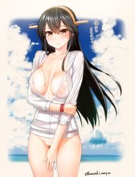Rule 34 | 10s, 1girl, absurdres, bad id, bad twitter id, black hair, blush, bottomless, breasts, cleavage, cloud, cloudy sky, coat, covered erect nipples, covering crotch, covering privates, cowboy shot, dated, day, female pubic hair, hair ornament, hairband, hairclip, haruna (kancolle), headgear, highres, jacket, kantai collection, kanzaki muyu, large breasts, long hair, naked coat, no bra, no panties, outside border, pubic hair, pubic hair peek, sky, solo, translated, twitter username, wet, wet clothes