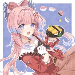 Rule 34 | 1girl, belt, black bow, black bowtie, blue hair, bow, bow-shaped hair, bowtie, chopsticks, collar, colored tips, dress, floating hair, food, genshin impact, glove bow, gloves, hair ornament, half gloves, highres, holding, holding chopsticks, holding plate, jacket, jewelry, karanashi mari, long hair, looking at viewer, multicolored eyes, multicolored hair, necklace, official alternate costume, open mouth, pink hair, plate, purple eyes, red jacket, sangonomiya kokomi, sangonomiya kokomi (sushiro), shell hair ornament, sidelocks, simple background, smile, solo, striped clothes, striped dress, sushi, thick eyebrows, white collar, white gloves