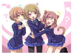 Rule 34 | 10s, 3girls, ?, ^ ^, anger vein, animal ears, blazer, body switch, bow, brown hair, cat ears, clenched hands, closed eyes, commentary request, flying sweatdrops, gradient background, hands on own chest, hoshizora rin, hug, jacket, koizumi hanayo, love live!, love live! school idol project, multiple girls, nishikino maki, orange hair, pantyhose, personality switch, purple eyes, pushing away, red hair, role reversal, school uniform, shipii (jigglypuff), short hair, skirt, yellow eyes
