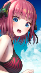 Rule 34 | 1girl, :d, bikini, black ribbon, blue eyes, blunt bangs, blush, breasts, butterfly hair ornament, cloud, female focus, from below, go-toubun no hanayome, hair ornament, highres, large breasts, looking at viewer, nakano nino, open mouth, outdoors, pink hair, ribbon, sky, smile, striped bikini, striped clothes, swimsuit, take-run-atelier, twintails, vertical-striped bikini, vertical-striped clothes