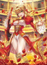 Rule 34 | 10s, 1girl, :d, aestus estus, ahoge, blonde hair, box (hotpppink), breasts, cleavage, commentary request, dress, epaulettes, fate/extra, fate (series), green eyes, hair intakes, holding, holding sword, holding weapon, looking at viewer, medium breasts, nero claudius (fate), nero claudius (fate), nero claudius (fate/extra), open mouth, petals, puffy sleeves, red dress, short hair, smile, sword, weapon