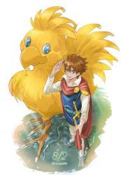 Rule 34 | 1boy, barefoot, belt, bird, blue eyes, blue tunic, boco, brooch, brown hair, bartz klauser, cape, chocobo, dated, final fantasy, final fantasy v, full body, hair between eyes, holding, holding cape, holding clothes, jewelry, long sleeves, male focus, open collar, open mouth, pants, red cape, regan (hatsumi), salute, shirt, short hair, smile, soaking feet, sword, twitter username, weapon, white pants, white shirt