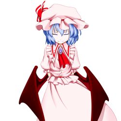 Rule 34 | 1girl, arms behind back, bad id, bad pixiv id, bat wings, closed eyes, female focus, highres, kentairui, low wings, remilia scarlet, simple background, smile, solo, touhou, white background, wings