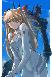 Rule 34 | 1girl, artist request, blue eyes, blue sky, bodysuit, breasts, brown hair, cowboy shot, eva 02, evangelion: 3.0+1.0 thrice upon a time, eyepatch, hair between eyes, hair ornament, hand on own hip, highres, interface headset, long hair, looking at viewer, mecha, neon genesis evangelion, plugsuit, rebuild of evangelion, robot, shiny clothes, simple background, sky, smile, solo, souryuu asuka langley, two side up, very long hair, white bodysuit, wide hips