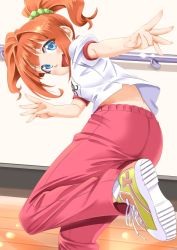Rule 34 | 1girl, :d, blue eyes, dancing, floating hair, gym uniform, hair ornament, idolmaster, idolmaster (classic), indoors, long hair, midriff, miri (ago550421), open mouth, orange hair, pants, pink pants, shirt, shoes, short sleeves, smile, sneakers, solo, standing, standing on one leg, takatsuki yayoi, twintails, white shirt