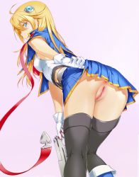 Rule 34 | 1girl, 212 (kisaragi), absurdres, anus, ass, bent over, blazblue, blonde hair, blue eyes, clothes lift, from behind, highres, looking back, no panties, noel vermillion, pussy, skirt, skirt lift, upskirt