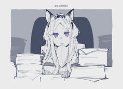 Rule 34 | 1girl, animal ears, arknights, border, chair, greyscale, hairband, heavyrain (arknights), highres, horse ears, long hair, looking at viewer, mirin chikuwa, monochrome, paper stack, purple eyes, sidelocks, sitting, solo, spot color, twitter username, upper body, white border