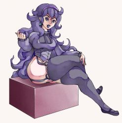 Rule 34 | 1girl, @ @, ahoge, beckoning, bottomless, breasts, creatures (company), crossed legs, earrings, full body, game freak, garter straps, hand up, headband, hex maniac (pokemon), jewelry, large breasts, lips, long hair, looking at viewer, matching hair/eyes, nail polish, nintendo, npc trainer, pokemon, pokemon xy, purple eyes, purple footwear, purple hair, purple thighhighs, shoes, simple background, sitting, solo, swampopple, teeth, thighhighs, white background