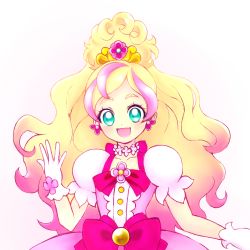 Rule 34 | 1girl, :d, aqua eyes, blonde hair, blue eyes, blush, bow, choker, cure flora, earrings, gloves, go! princess precure, gradient hair, hair ornament, half updo, haruno haruka, jewelry, long hair, magical girl, multicolored hair, open mouth, pink hair, precure, puffy short sleeves, puffy sleeves, ribbon, short sleeves, simple background, smile, solo, streaked hair, two-tone hair, upper body, waist bow, wavy hair, white background
