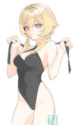 Rule 34 | 1girl, bare shoulders, black leotard, blonde hair, breasts, choco c14, cleavage, genshin impact, leotard, looking at viewer, lumine (genshin impact), medium breasts, multicolored eyes, parted lips, short hair with long locks, signature, simple background, solo, white background