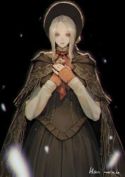 Rule 34 | 1girl, absurdres, black background, bloodborne, breasts, cape, chromatic aberration, cloak, comb, crying, crying with eyes open, doll, doll joints, dress, han-0v0, headdress, highres, holding, joints, maid, plain doll, grey eyes, silver hair, skirt, smile, tears