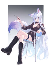 Rule 34 | 1girl, absurdres, animal ears, antenna hair, belt, black choker, black footwear, black nails, black shirt, boots, border, breasts, chair, choker, cleavage, clothing cutout, collarbone, crossed legs, extra ears, fox ears, fox girl, fox tail, gradient background, grey background, grey hair, hair between eyes, highres, holding, holding stick, kirby d a, knee boots, large breasts, leaning back, long hair, long sleeves, looking at viewer, navel cutout, original, pendant choker, pink eyes, shirt, sidelocks, simple background, sitting, smile, solo, stick, tail, thigh strap, very long hair, white belt, white border