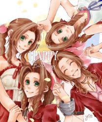 Rule 34 | 4girls, aerith gainsborough, aged down, bare arms, bracelet, braid, brown hair, choker, closed eyes, crisis core final fantasy vii, dress, falling petals, final fantasy, final fantasy vii, final fantasy vii remake, green eyes, hair ribbon, highres, jacket, jewelry, kingdom hearts, kingdom hearts ii, multiple girls, necklace, official alternate costume, open mouth, parted bangs, petals, pink dress, pink ribbon, red jacket, ribbon, short sleeves, sidelocks, smile, square enix, wavy hair, white background, white dress, yco 030601