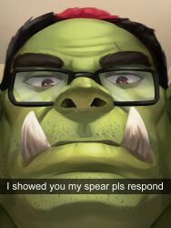 Rule 34 | 1boy, absurdres, bara, black hair, blank stare, close-up, colored skin, english text, facial hair, fake phone screenshot, fake screenshot, glaring, glasses, green skin, highres, i showed you my dick please respond (meme), indie virtual youtuber, looking at viewer, male focus, mature male, meme, monster boy, multicolored hair, muscular, muscular male, mustache stubble, orc, randon (vtuber), ribbions art, short hair, snapchat, solo, sparse stubble, streaked hair, stubble, super crown, thick eyebrows, tusks, virtual youtuber