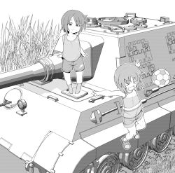 Rule 34 | &gt; &lt;, 10s, 2girls, :d, aged down, ball, closed eyes, girls und panzer, grass, greyscale, henyaan (oreizm), jagdtiger, jumping, looking at viewer, military, military vehicle, monochrome, motor vehicle, multiple girls, nishizumi maho, nishizumi miho, open mouth, shoes, short hair, shorts, siblings, sisters, smile, soccer ball, socks, standing, tank, tank top, vehicle request