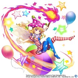 Rule 34 | 1girl, american flag legwear, american flag shirt, ball, balloon, beachball, blonde hair, closed mouth, clownpiece, full body, game cg, hat, holding, holding torch, jester cap, long hair, looking at viewer, neck ruff, official art, pantyhose, pink eyes, pink hat, polka dot headwear, purple hat, rotte (1109), shirt, short sleeves, simple background, sitting on ball, smile, solo, star (symbol), star print, striped clothes, striped pantyhose, striped shirt, third-party source, torch, touhou, touhou lostword, white background, wings