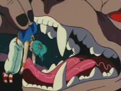 Rule 34 | 1980s (style), 1girl, animated, animated gif, blue hair, bulma, closed eyes, dragon ball, fangs, jewelry, monster, muscular, night, oldschool, oozaru, ponytail, red eyes, retro artstyle, saliva, sandals, sleeping, tongue, unconscious, vest, vore