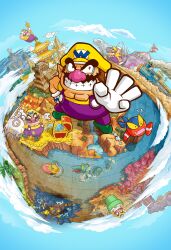 Rule 34 | 1boy, absurdres, blue sky, castle, cleft chin, cloud, coin, gloves, gold coin, green footwear, grin, hand on own hip, hat, highres, holding, holding sack, looking at viewer, map, mountain, nintendo, ocean, official art, overalls, pagoda, pointy ears, pyramid (structure), sack, sea serpent, shirt, sky, smile, third-party source, train, treasure, volcano, wario, wario land, wario land: shake it!, warp pipe, water, white gloves, yellow hat, yellow shirt