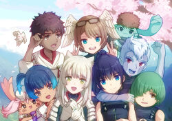 Rule 34 | 4girls, 5boys, aged down, animal ears, black-framed eyewear, blue eyes, blue hair, brown eyes, brown hair, cat ears, cherry blossoms, clearb01, closed mouth, colored skin, commentary request, creature, dark-skinned female, dark-skinned male, dark skin, double v, eunie (xenoblade), glasses, gloves, gradient hair, green hair, grey hair, grey skin, hair over one eye, head wings, joran (xenoblade), lanz (xenoblade), long hair, looking at viewer, manana (xenoblade), mio (xenoblade), multicolored hair, multiple boys, multiple girls, noah (xenoblade), nopon, one eye covered, open mouth, ponytail, red eyes, riku (xenoblade), sena (xenoblade), short hair, smile, taion (xenoblade), two-tone hair, v, white hair, wings, xenoblade chronicles (series), xenoblade chronicles 3, yellow eyes