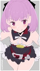 Rule 34 | 1girl, bare shoulders, batsu, detached collar, detached sleeves, fate/grand order, fate (series), flat chest, from above, helena blavatsky (fate), looking at viewer, purple eyes, purple hair, short hair, simple background, sketch, smile, solo, strapless, sefirot