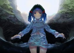 Rule 34 | 1girl, arms up, blue eyes, blue hair, blue shirt, blue skirt, blurry, botsumoto, breasts, caustics, commentary request, cowboy shot, crying, crying with eyes open, day, depth of field, forest, from below, green hat, hair bobbles, hair ornament, hat, highres, kawashiro nitori, light frown, long sleeves, looking at viewer, looking down, nature, navel, outdoors, panties, pantyshot, pocket, shirt, shirt under shirt, short hair, skirt, small breasts, solo, standing, tears, thighs, touhou, twintails, two side up, underwear, wading, water drop, wet, wet clothes