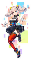 Rule 34 | 1girl, absurdres, bad id, bad pixiv id, bare shoulders, black dress, blue eyes, blunt bangs, boots, breasts, cleavage, cleavage cutout, clothing cutout, dress, full body, hair ornament, hairclip, highres, kaguya luna, large breasts, looking at viewer, multicolored eyes, obi, red thighhighs, sash, shiny skin, short hair, silver hair, simple background, sleeveless, sleeveless dress, solo, the moon studio, thighhighs, twintails, virtual youtuber, y.i. (lave2217)
