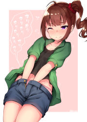 Rule 34 | 1girl, ahoge, binsen, black shirt, blue shorts, blush, brown hair, closed mouth, clothed masturbation, collarbone, dutch angle, female masturbation, flying sweatdrops, green jacket, hair ornament, hair scrunchie, hand in panties, hand under clothes, hand under shorts, high ponytail, idolmaster, idolmaster million live!, jacket, long hair, masturbation, navel, nose blush, one eye closed, open clothes, open jacket, panties, pink panties, puffy short sleeves, puffy sleeves, purple eyes, red scrunchie, scrunchie, shirt, short shorts, short sleeves, shorts, sidelocks, solo, sweat, tears, translation request, trembling, underwear, wavy mouth, yokoyama nao