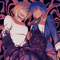 ahoge angry arcueid_brunestud black_dress blonde_hair blood blood_on_clothes blood_on_hands blood_splatter blue_eyes blue_hair ciel_(tsukihime) claws dress evil_grin evil_smile fangs fingernails flesh grin guro highres intestines melty_blood nun okinobus purple_dress sharp_fingernails sharp_teeth shirt short_hair smile struggling sweatdrop teeth torn_clothes tsukihime vampire white_shirt yellow_eyes