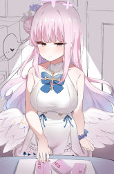 Rule 34 | 1girl, absurdres, angel wings, blue archive, blue bow, bow, breasts, buying condoms, commentary request, condom, condom box, doldol (rkwowlqrp), dress, flower, frilled dress, frills, hair bun, hair flower, hair ornament, heart, highres, large breasts, long hair, looking at viewer, low wings, mika (blue archive), pink hair, scrunchie, single hair bun, sleeveless, sleeveless dress, solo, speech bubble, very long hair, white dress, wings, wrist scrunchie, yellow eyes