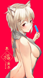 Rule 34 | 1girl, animal ears, backless outfit, bare back, bare shoulders, blush, breasts, cat ears, character request, copyright request, food, from side, grey sweater, hair between eyes, hand up, highres, holding, holding food, looking at viewer, medium breasts, meme attire, popsicle, red background, red eyes, short hair, sidelocks, silver hair, simple background, smile, solo, sweater, translation request, upper body, virgin killer sweater, wuguno ziran juan