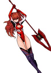 Rule 34 | 1girl, absurdres, adapted costume, adjusting hair, arms up, artist request, blue eyes, cleavage cutout, clothing cutout, curvy, highres, holding, holding weapon, lance, lance of cassius, leotard, long hair, neon genesis evangelion, plugsuit, polearm, rebuild of evangelion, red leotard, shiny clothes, shiny skin, solo, souryuu asuka langley, very long hair, weapon, white background, wide hips