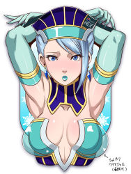 Rule 34 | 10s, 1girl, armpits, arms up, blue eyes, blue hair, blue lips, blue rose (tiger &amp; bunny), breast mousepad, breasts, butcha-u, cleavage, collar, earrings, elbow gloves, face, fingernails, gloves, jewelry, karina lyle, lips, lipstick, logo, makeup, matching hair/eyes, mousepad, mousepad (medium), pepsi, see-through, solo, sweatdrop, tiger &amp; bunny, translation request, visor