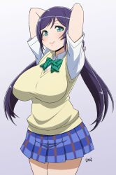 Rule 34 | 10s, 1girl, arms behind head, arms up, blue skirt, blush, breasts, green eyes, haganemaru kennosuke, heart, heart-shaped pupils, impossible clothes, impossible shirt, large breasts, love live!, love live! school idol project, plump, school uniform, shirt, short sleeves, skirt, smile, solo, sweater vest, symbol-shaped pupils, tojo nozomi, white shirt
