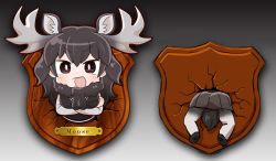 Rule 34 | 10s, 1girl, animal ears, antlers, ass, black eyes, black hair, blush, chaki (teasets), crack, crossed arms, fur collar, horns, kemono friends, long hair, looking at viewer, moose (kemono friends), moose ears, moose tail, multiple views, name tag, open mouth, pleated skirt, skirt, smile, tail, through wall, v-shaped eyebrows