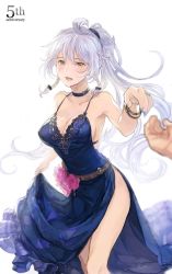 Rule 34 | 1girl, :d, ahoge, bare arms, bare shoulders, belt, blue choker, blue dress, blush, braid, breasts, choker, cleavage, clothes lift, collarbone, commentary request, dress, dress lift, flower, granblue fantasy, hair between eyes, hair over shoulder, large breasts, lifting own clothes, long hair, open mouth, out of frame, pink flower, pink rose, ponytail, pov, pov hands, reaching, reaching towards viewer, rose, sabanobori, side slit, signature, silva (gentian blue) (granblue fantasy), silva (granblue fantasy), silver hair, smile, solo focus, standing, twin braids, very long hair, wavy hair, yellow eyes