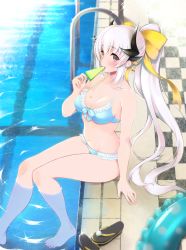 Rule 34 | 1girl, 3yuki, bikini, blue bikini, bow, breasts, collarbone, dragon girl, dragon horns, fate/grand order, fate (series), female focus, food, frilled bikini, frills, front-tie bikini top, front-tie top, grey hair, hair bow, high ponytail, highres, holding, holding food, horns, kiyohime (fate), kiyohime (fate/grand order), kiyohime (swimsuit lancer) (fate), kiyohime (swimsuit lancer) (third ascension) (fate), long hair, medium breasts, navel, partially submerged, ponytail, pool, pool ladder, poolside, popsicle, red eyes, sandals, unworn sandals, sitting, soaking feet, solo, swimsuit, very long hair, water, yellow bow