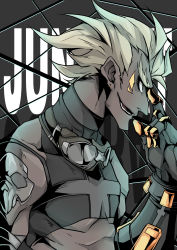 Rule 34 | 1boy, alternate costume, anchorage akiko, arm wrap, bare shoulders, blonde hair, character name, collarbone, crop top, ear piercing, facial mark, finger to face, furrowed brow, gauntlets, gloves, goggles, goggles around neck, hand up, highres, junkrat (overwatch), male focus, open mouth, overwatch, overwatch 1, piercing, profile, shirt, sideways mouth, solo, taut clothes, taut shirt, teeth, turtleneck, upper body