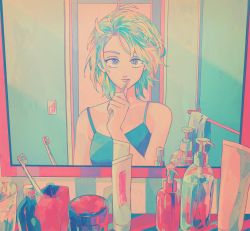 Rule 34 | 1girl, bathroom, bottle, brushing teeth, camisole, counter, cup, door, female pov, holding, holding toothbrush, light switch, medium hair, messy hair, mirror, original, pov, reflection, sharp911, solo, straight-on, toothbrush, tube