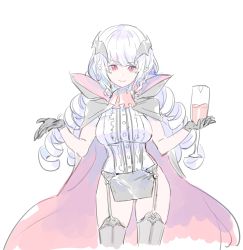 Rule 34 | 1girl, absurdres, bat wings, black gloves, black thighhighs, breasts, cape, champagne flute, closed mouth, contrapposto, cowboy shot, cup, drill hair, drinking glass, dungeon maker, enkyo yuuichirou, garter straps, glass, gloves, head wings, highres, holding, holding cup, hood, hood down, hooded cape, large breasts, long hair, looking at viewer, pointy ears, red cape, red eyes, smile, solo, standing, thighhighs, vampire costume, very long hair, white hair, wings