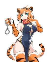 Rule 34 | 1girl, animal ears, animal feet, animal hands, aqua eyes, black dress, breasts, china dress, chinese clothes, contrapposto, covered navel, cowboy shot, cuffs, deel (rkeg), dress, fur, handcuffs, large breasts, looking at viewer, multicolored hair, no panties, orange hair, orc massage, pelvic curtain, short hair, simple background, solo, streaked hair, tail, tiger ears, tiger stripes, tiger tail, v-shaped eyebrows, valerie (orc massage), white background