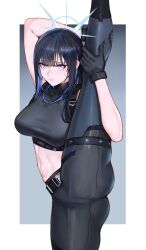 Rule 34 | 1girl, absurdres, arm up, black gloves, black sports bra, blue archive, blue eyes, blue hair, border, breasts, closed mouth, gloves, grey background, halo, highres, iuui, large breasts, long hair, long sleeves, looking at viewer, midriff, navel, pants, saori (blue archive), solo, split, sports bra, standing, standing on one leg, standing split, stomach, white border, yoga pants