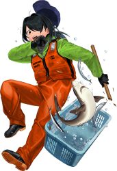 Rule 34 | 1girl, animal, black gloves, black hair, fish, full body, gloves, hair over one eye, holding, holding animal, ice, kantai collection, kumano maru (kancolle), long hair, looking at viewer, official art, open mouth, red eyes, saury, shark, sidelocks, sitting, solo, transparent background, umihara sakana