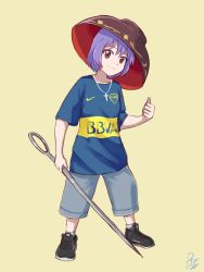 Rule 34 | american football uniform, artist request, black footwear, blue shirt, blue shorts, bowl, bowl hat, clothes writing, cross, cross necklace, full body, happy, hat, highres, holding, holding needle, jewelry, liga bbva, meme, mini person, minigirl, multicolored hair, necklace, needle, needle sword, nike (company), photo-referenced, purple hair, red eyes, shirt, short hair, shorts, signature, simple background, smile, solo, sportswear, standing, streaked hair, sukuna shinmyoumaru, thumbs up, touhou, yellow background