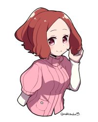 Rule 34 | 10s, 1girl, alternate hairstyle, blush, brown eyes, brown hair, commentary request, do m kaeru, okumura haru, persona, persona 5, pink sweater, ribbed sweater, simple background, smile, solo, sweater, twitter username, white background