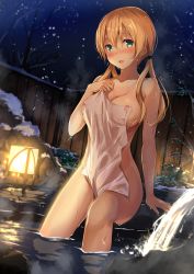 Rule 34 | 1girl, :d, areola slip, arm support, bare tree, blonde hair, blurry, blush, bokeh, breasts, cleavage, collarbone, commentary request, covering privates, depth of field, glint, green eyes, hair between eyes, hand up, highres, holding, holding towel, jewelry, kantai collection, lamp, large breasts, long hair, looking at viewer, low twintails, naked towel, night, night sky, nose blush, nude cover, onsen, open mouth, outdoors, plant, prinz eugen (kancolle), ring, rock, see-through, sidelocks, sitting, sky, smile, snow, soaking feet, solo, star (sky), starry sky, steam, towel, tree, twintails, water, wet, yuuki yuu