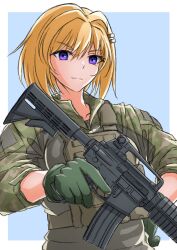 Rule 34 | blonde hair, body armor, camouflage, ellen aice, gloves, gun, hair ornament, highres, holding, holding gun, holding weapon, military uniform, muv-luv, muv-luv: dimensions, muv-luv alternative, muv-luv unlimited: the day after, purple eyes, twogo, uniform, weapon