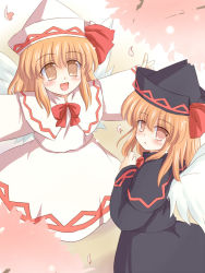 Rule 34 | 2girls, :d, angel wings, blonde hair, bow, brown eyes, dress, dual persona, female focus, hand on own chest, hat, hat bow, lily black, lily white, looking at viewer, multiple girls, open mouth, outstretched arms, petals, ry (yagoyago), smile, spread arms, touhou, wings