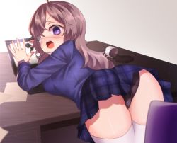 Rule 34 | 1girl, ahoge, ass, black panties, blush, brown hair, chair, coffee cup, commentary request, covering privates, cup, desk, disposable cup, earbuds, earphones, embarrassed, eyepatch, highres, long hair, long sleeves, looking at viewer, looking back, medical eyepatch, neit ni sei, nochise karin, open mouth, original, panties, plaid, plaid skirt, purple eyes, shiny skin, skirt, solo, spill, sweatdrop, sweater, thighhighs, underwear, white thighhighs, wide-eyed, youtube